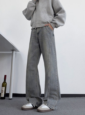 直筒牛仔裤蓝色斜切男款春秋美式vibe显瘦休闲裤子高街微喇弯刀裤