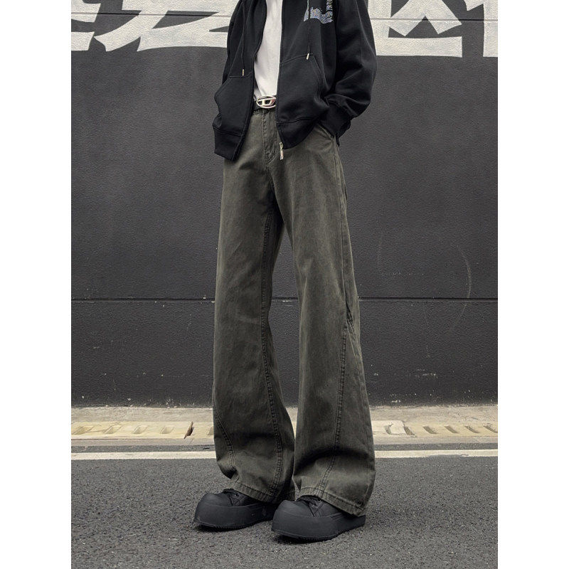 春季新款斜切弯刀牛仔裤男款美式高街vibe裤子水洗直筒宽松阔腿裤