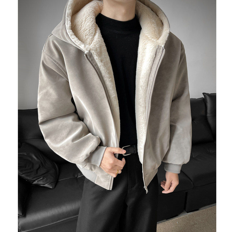 美式连帽座山雕外套男款冬季加绒加厚保暖短款棉服毛领pu皮衣夹克