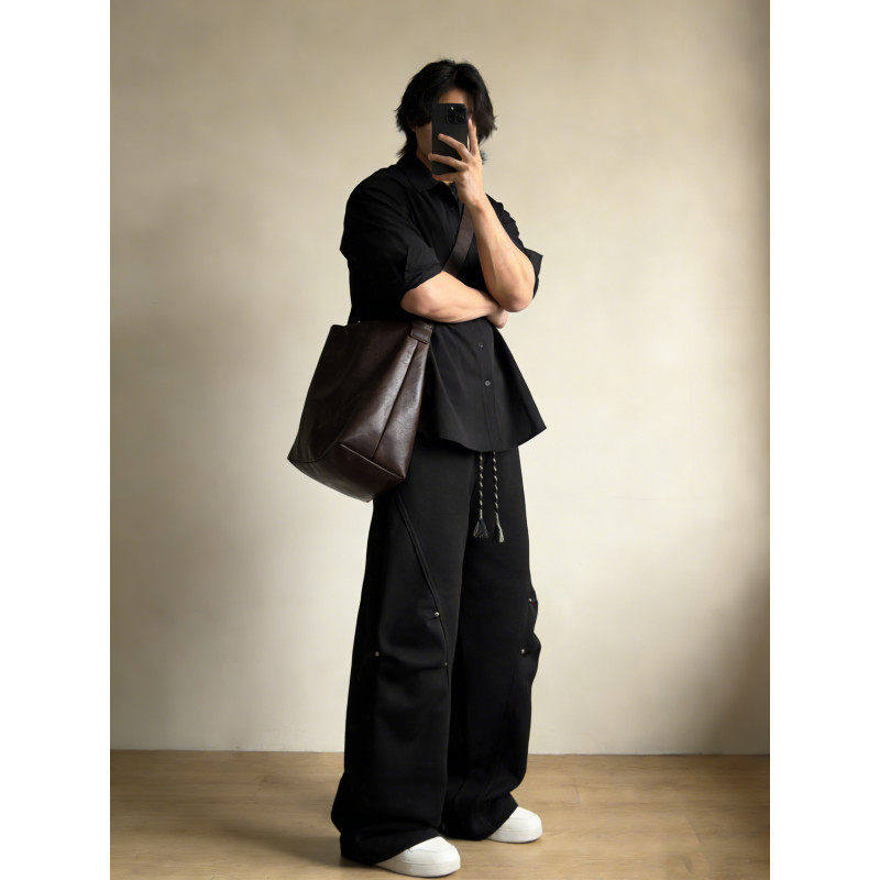 美式显瘦黑色弯刀裤子男女秋冬cleanfit运动休闲卫裤情侣微喇长裤