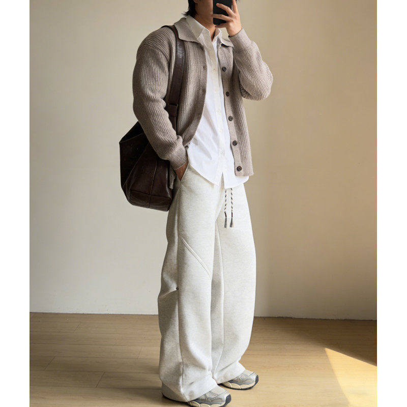 美式斜切加绒裤子浅灰色运动健身卫裤男款秋冬显瘦直筒弯刀休闲裤