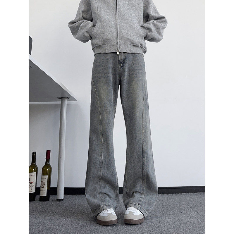 怀旧蓝斜切微喇牛仔裤男春秋季休闲直筒裤子美式高个子窄版弯刀裤