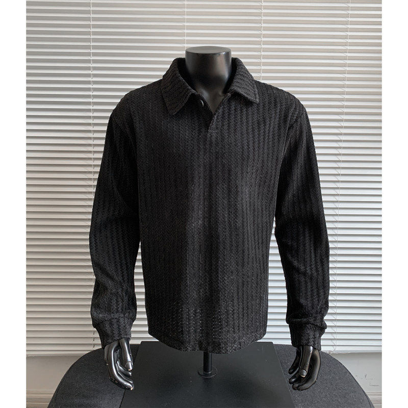 美式无帽套头鱼骨纹POLO翻领卫衣男款春季重磅宽松打底衫长袖T恤