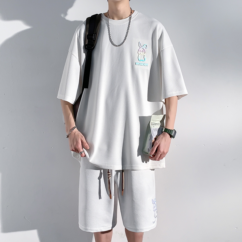 夏季纯色菠萝纹短袖T恤套装男大码休闲宽松篮球五分裤两件套ins感