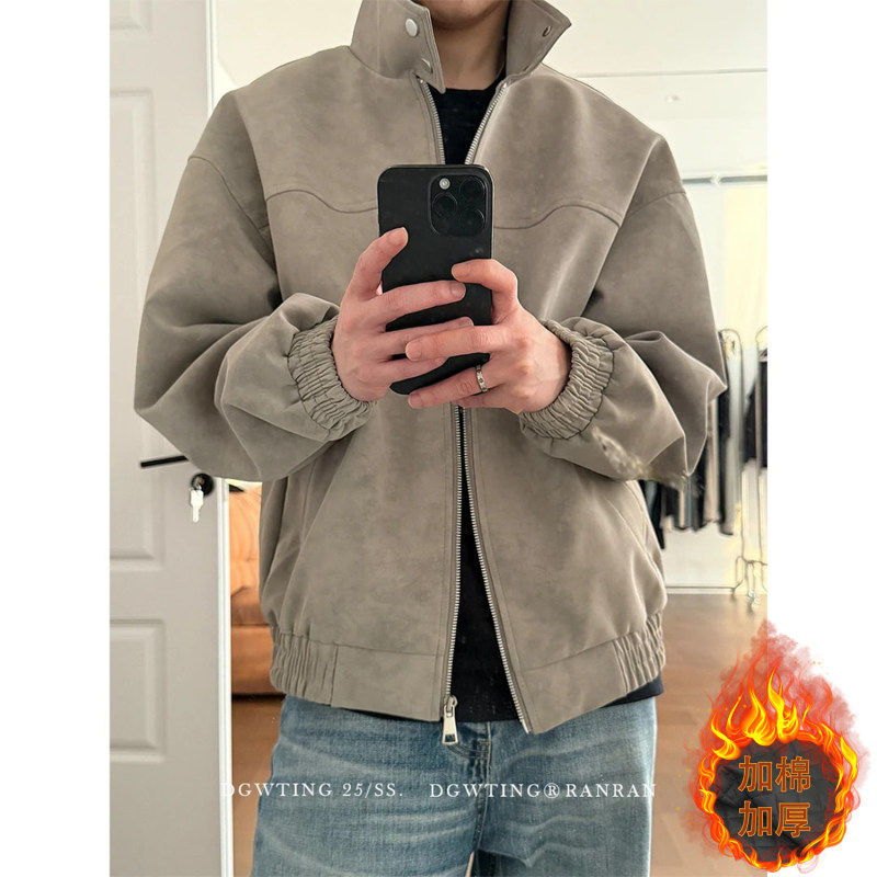 哈灵顿扎染pu皮立领飞行员棉服夹克男秋冬宽松痞帅百搭机车风外套