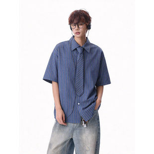 格子短袖衬衫男美式蓝色夏季薄款冰丝抽绳衬衣设计感防晒情侣外套