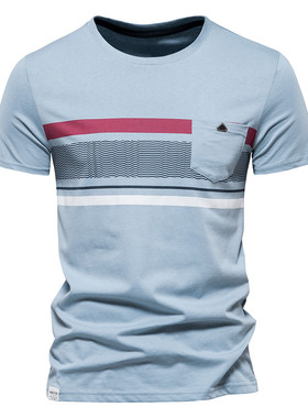 Crew Neck Striped Print Solid T-Shirt圆领条纹印花纯色T恤男士