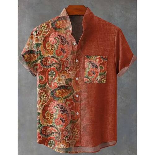立领印花卷边T恤Stand up collar printed short sleeved T-shirt