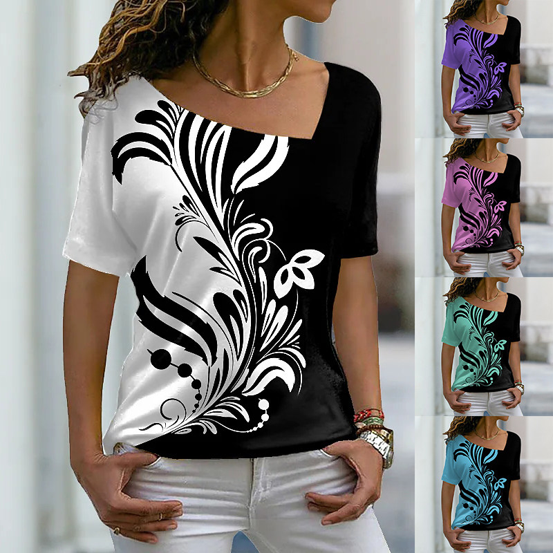 Printed Diagonal Neck Women's Short Sleeves印花斜领女式短袖
