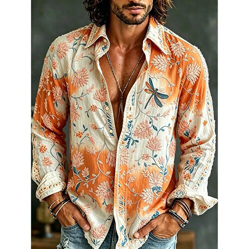印花系扣衬衫Printed button up collar shirt with long sleeves