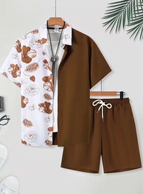 拼布印花短袖套装男Men's patchwork printed short sleeved suit