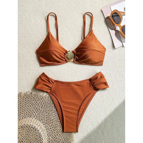 V领纯色分体泳衣 V-neck solid color hollow out split swimsuit
