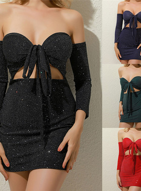 Strapless lace-up cutout one-shoulder dress绑带镂空连衣短裙