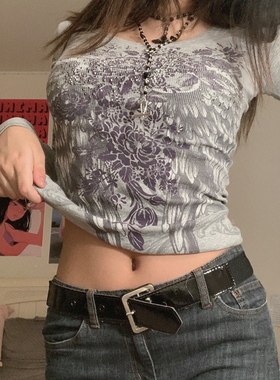 Printed Grey Slim Fit Cropped Long Sleeves印花灰色修身短长袖