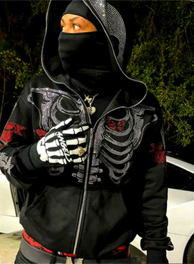 Printed hooded hot drill sweater coat印花连帽烫钻情侣外套T恤