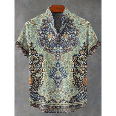 印花立领T恤Printed stand up collar single row button T-shirt