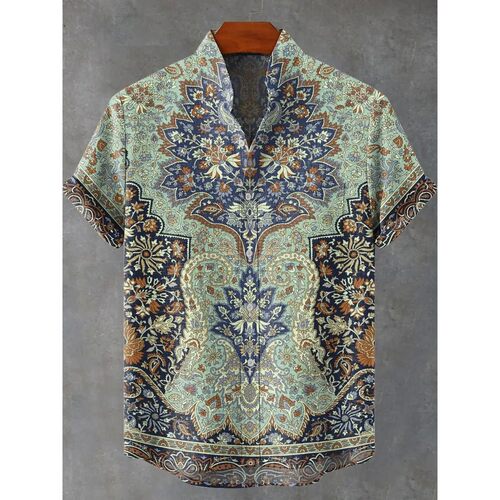 印花立领T恤Printed stand up collar single row button T-shirt