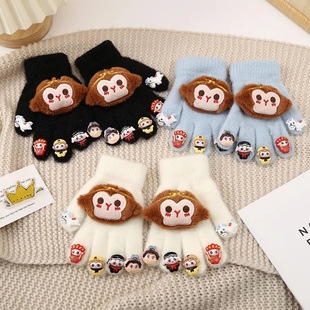 新款儿童冬季保暖手套男童幼童孙悟空卡通可爱加绒防风五指手套