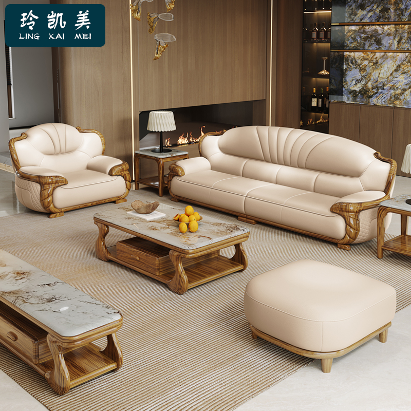 新中式乌金木真皮沙发客厅组合大小户型现代简约直排沙发2025新款