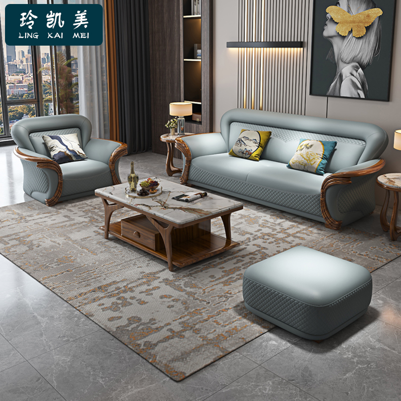 新中式乌金木真皮转角沙发别墅现代全实木贵妃位沙发轻奢客厅家具