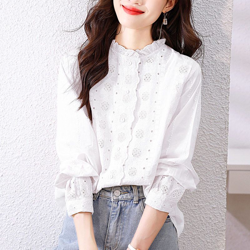 高级感100%纯棉衬衫女2025新款蕾丝镂空上衣夏天薄款长袖春秋季