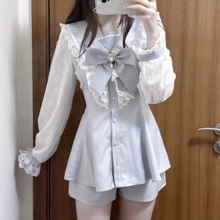 日系蕾丝花边蝴蝶结水色连衣裙套装 收腰显瘦宅系两件套 女蕾系夏季