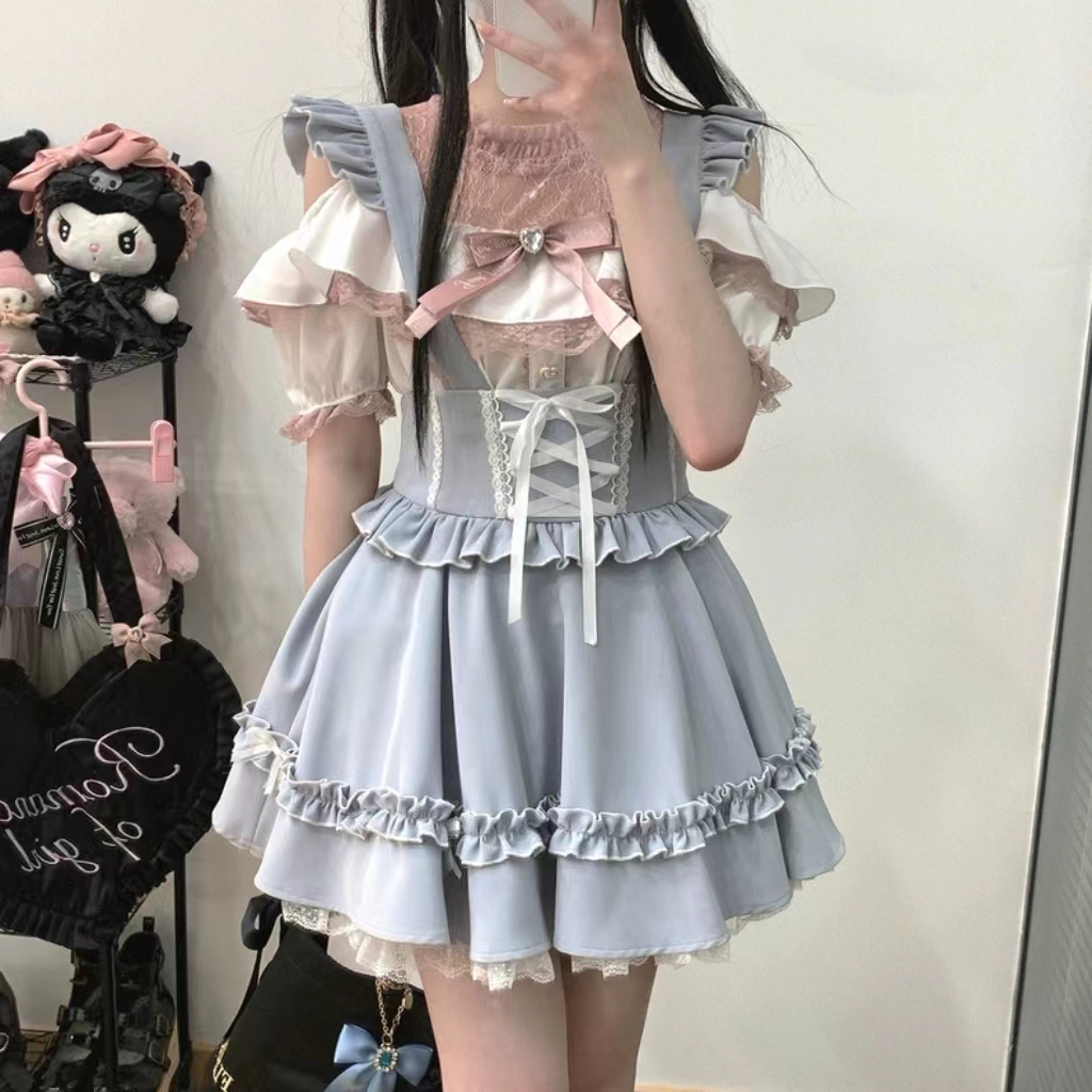 水色日系背带裙蛋糕花边蓬蓬裙