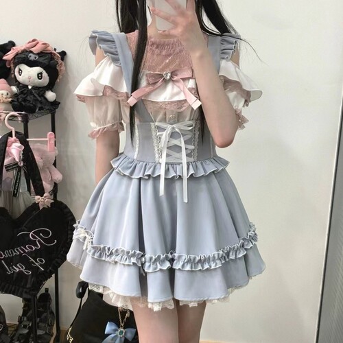 水色日系背带裙蛋糕花边蓬蓬裙