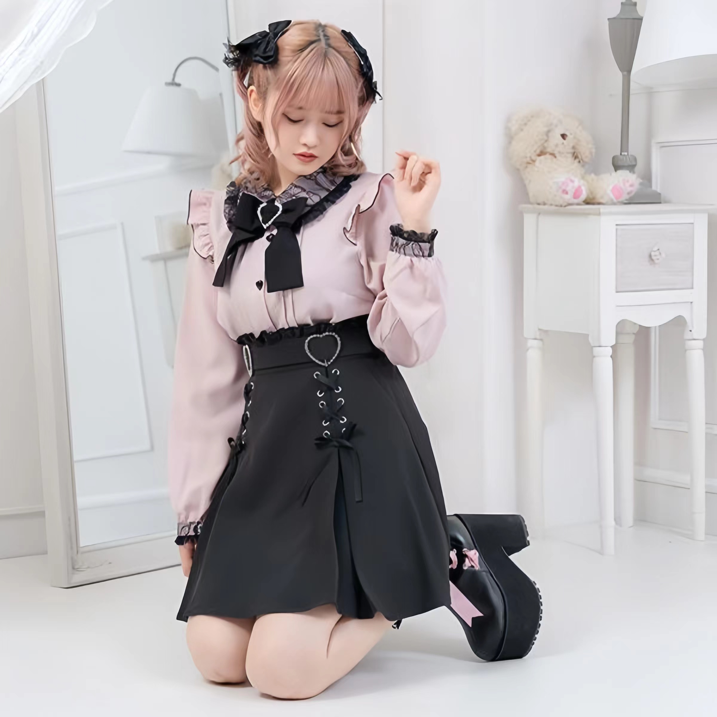 雷系长袖花边衬衫高腰半裙套装