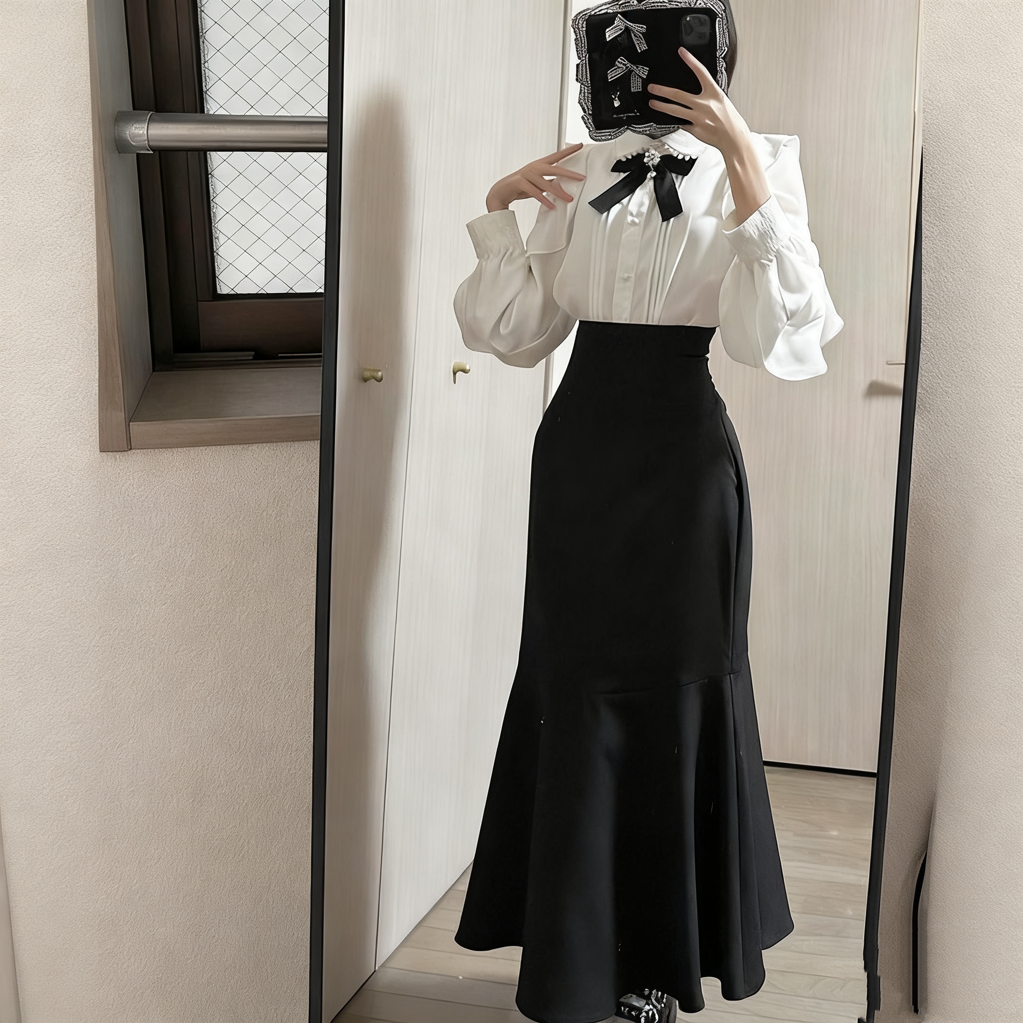 日系衬衫蕾服清楚系蕾丝量产拼接珍珠上衣黑色包臀鱼尾半身裙套装