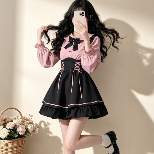 黑粉蕾服两件套甜妹jk学院风套装