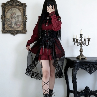 帷幕一体式Lolita腰封黑白双色蕾丝花边松紧哥特外穿百搭腰封拖尾
