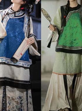 清汉女汉服印花古风氅衣民族服饰马面重工印染清代格格日常套装