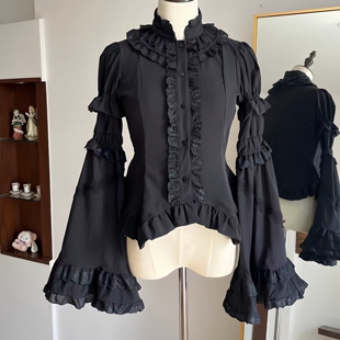夏季古典修身显瘦哥特Lolita白色黑色内搭衬衫洛丽塔接袖姬袖衬衫