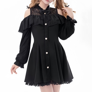 蕾系露肩蕾丝连衣裙日系少女感三色显高显瘦黑色裙子气质千金感