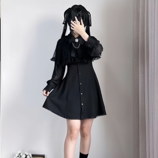 清楚系披肩蕾丝连衣裙雪纺长袖 日系蕾系Lolita裙子可爱春夏款