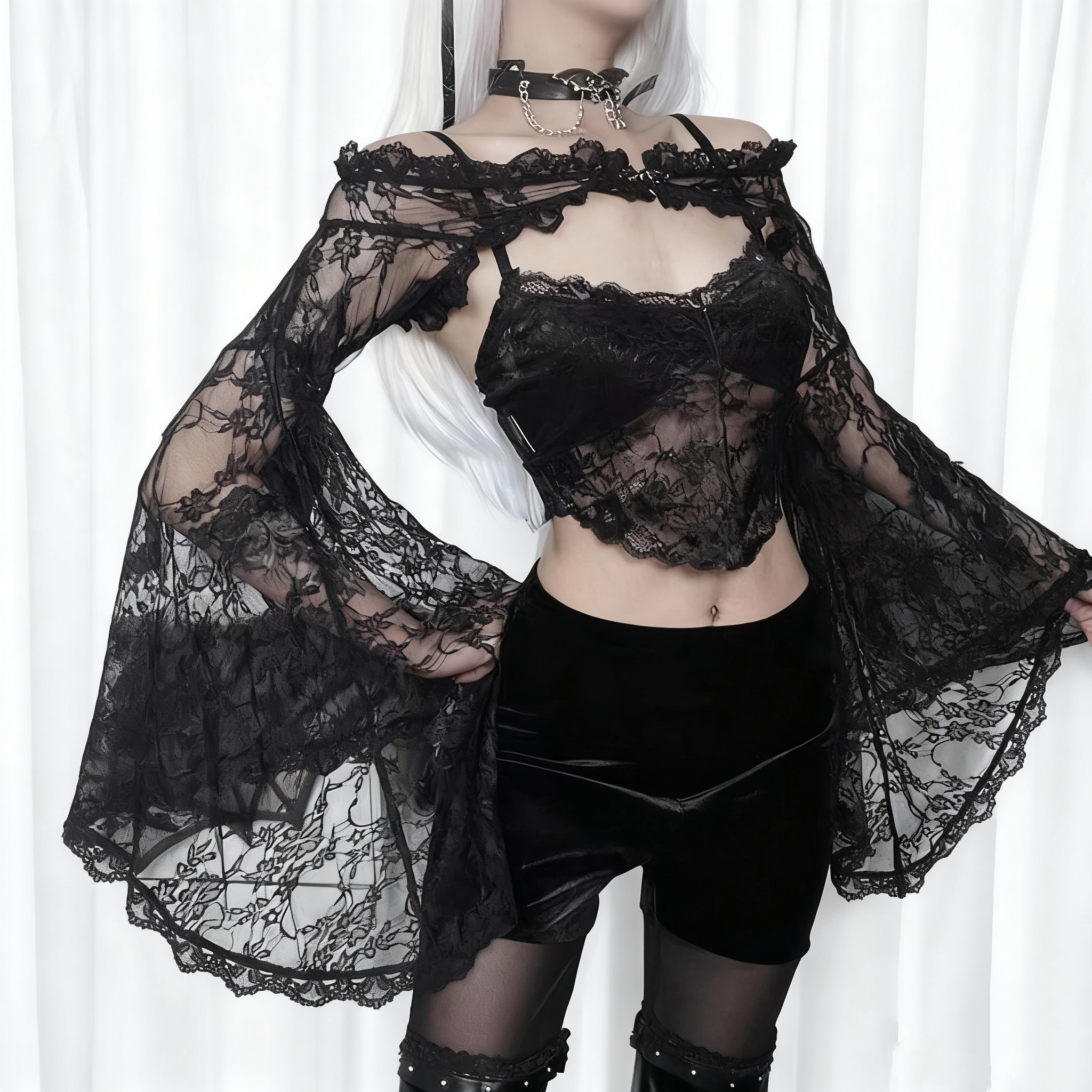 暗黑系蕾丝喇叭袖罩衫开衫外套