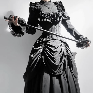 哥特风lolita裙黑色衬衫鱼骨半身裙姬袖套装女巫归来束腰寡妇裙