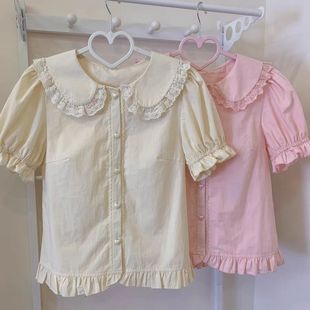 饰内搭衬衫 夏季 衬衣甜美可爱花边装 泡泡袖 上衣Lolita娃娃领短袖