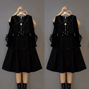 胖妹妹冬季显瘦娃娃领小黑裙百搭减龄OL气质连衣裙长袖宽松A字裙