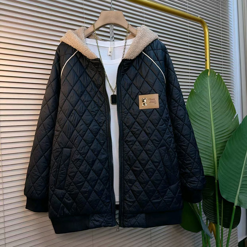 胖mm大码2025秋冬季夹棉加厚长袖外套百搭连帽高级感棉衣时尚棉服