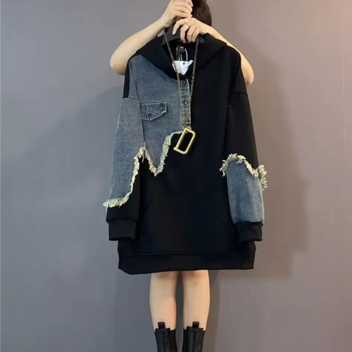 胖妹妹秋季2026中长款连帽大码女装韩版牛仔拼接高级感上衣宽松潮