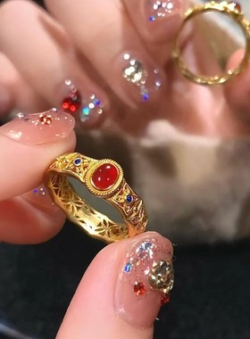 古法金色珐琅花丝凤昭戒指女