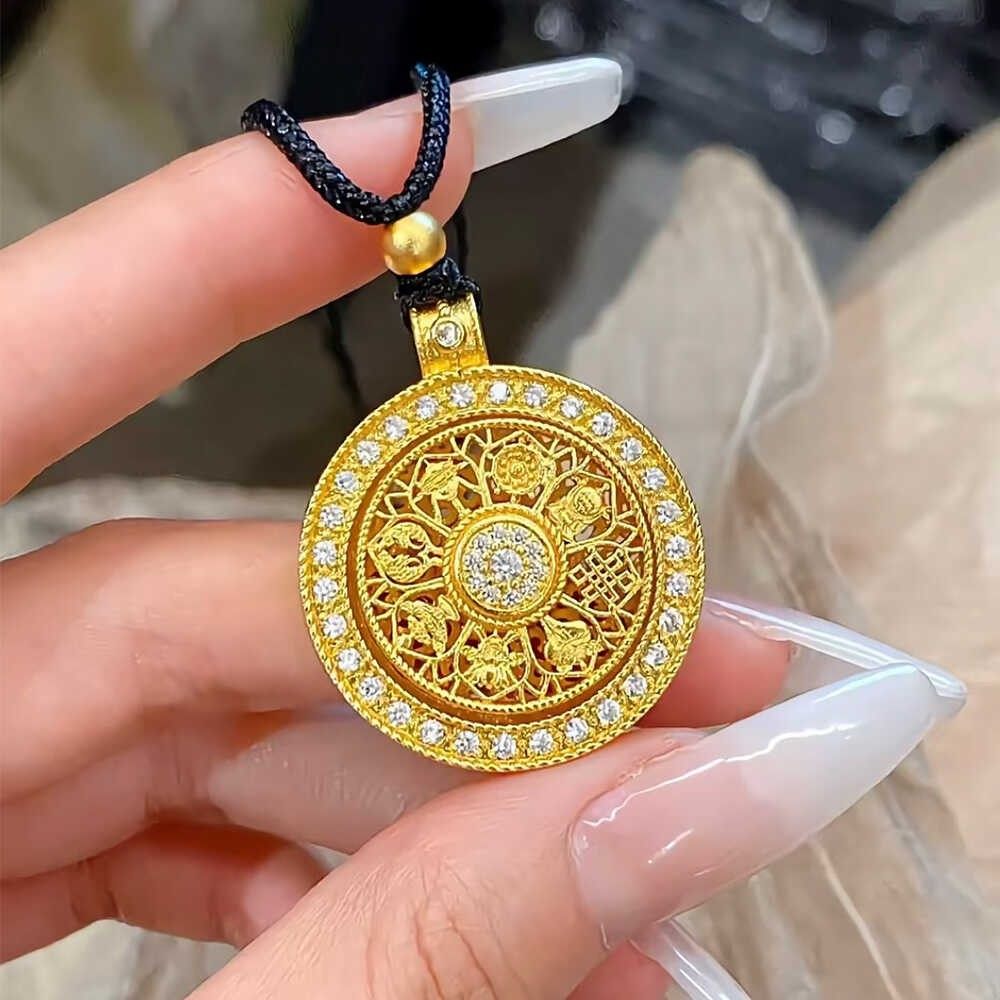 古法仿真黄金镶嵌莫桑钻镶钻可转动八罗宝盘吊坠女编绳平安扣项链