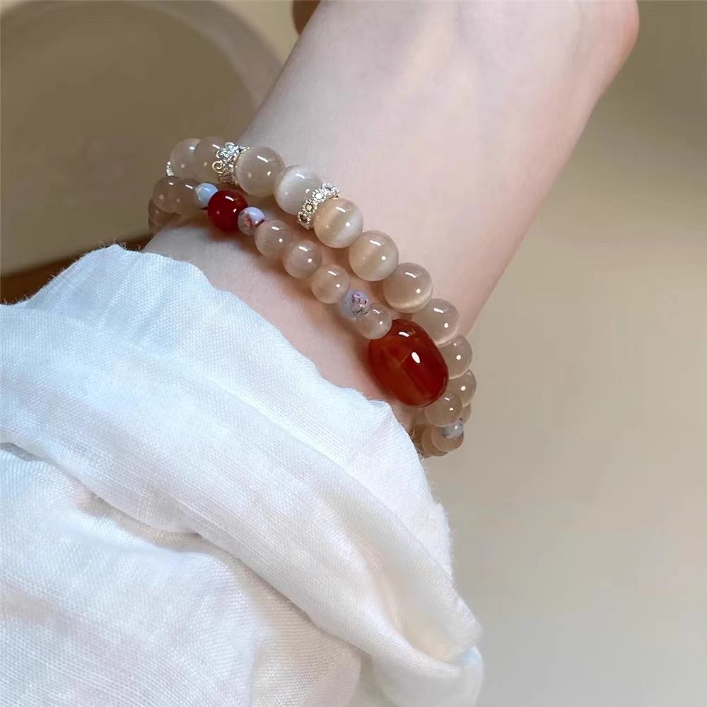 新中式显白猫眼石红玛瑙串珠手链女复古民族叠戴文艺国风小众古风