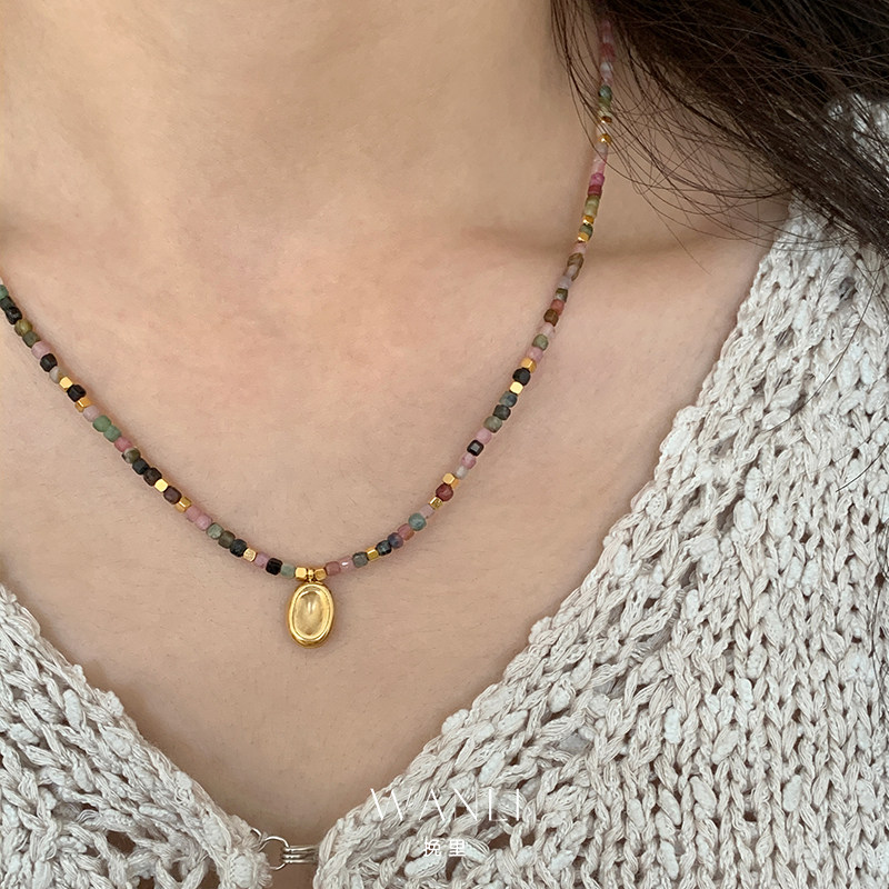 彩色碧玺方珠吊坠项链天然石串珠小众复古个性百搭颈链锁骨链独特