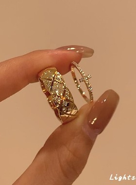中古微镶菱格戒指女轻奢高级感