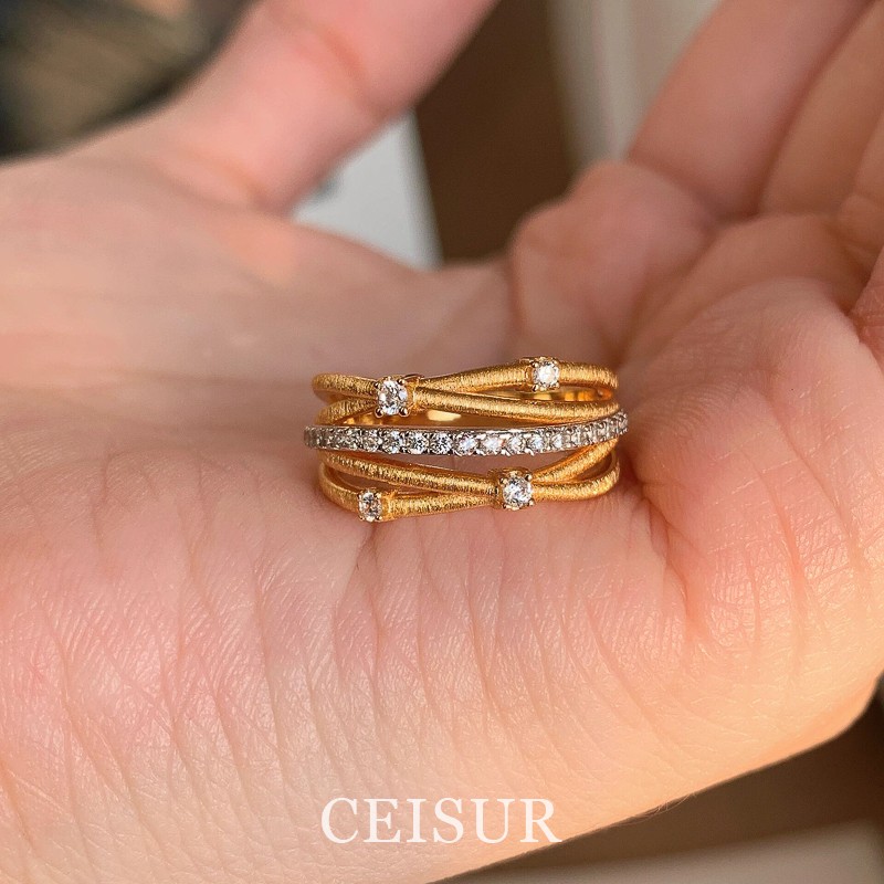 【漫游星际】金色拉丝缠绕排钻戒指复古高级感精致小众指环食指戒