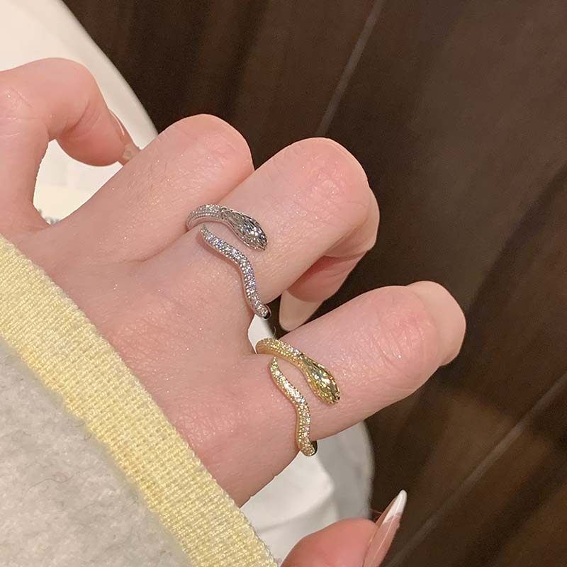 格纹蛇形蛇尾镶钻戒指女时尚高级