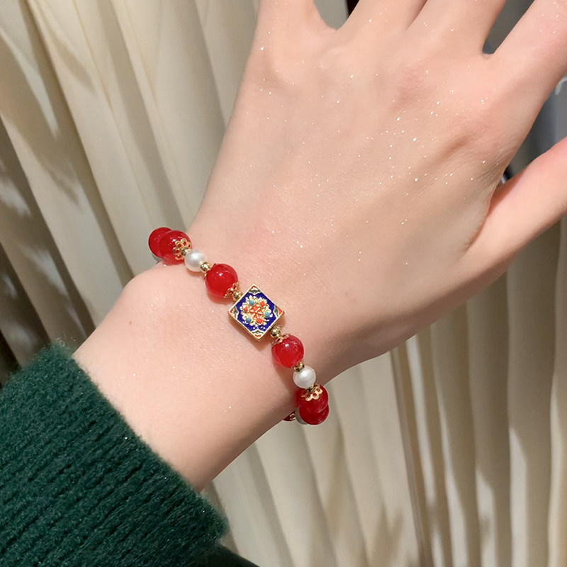 红玛瑙珐琅手链手链轻奢小众精致手串珍珠手链女款手绳礼物手饰品